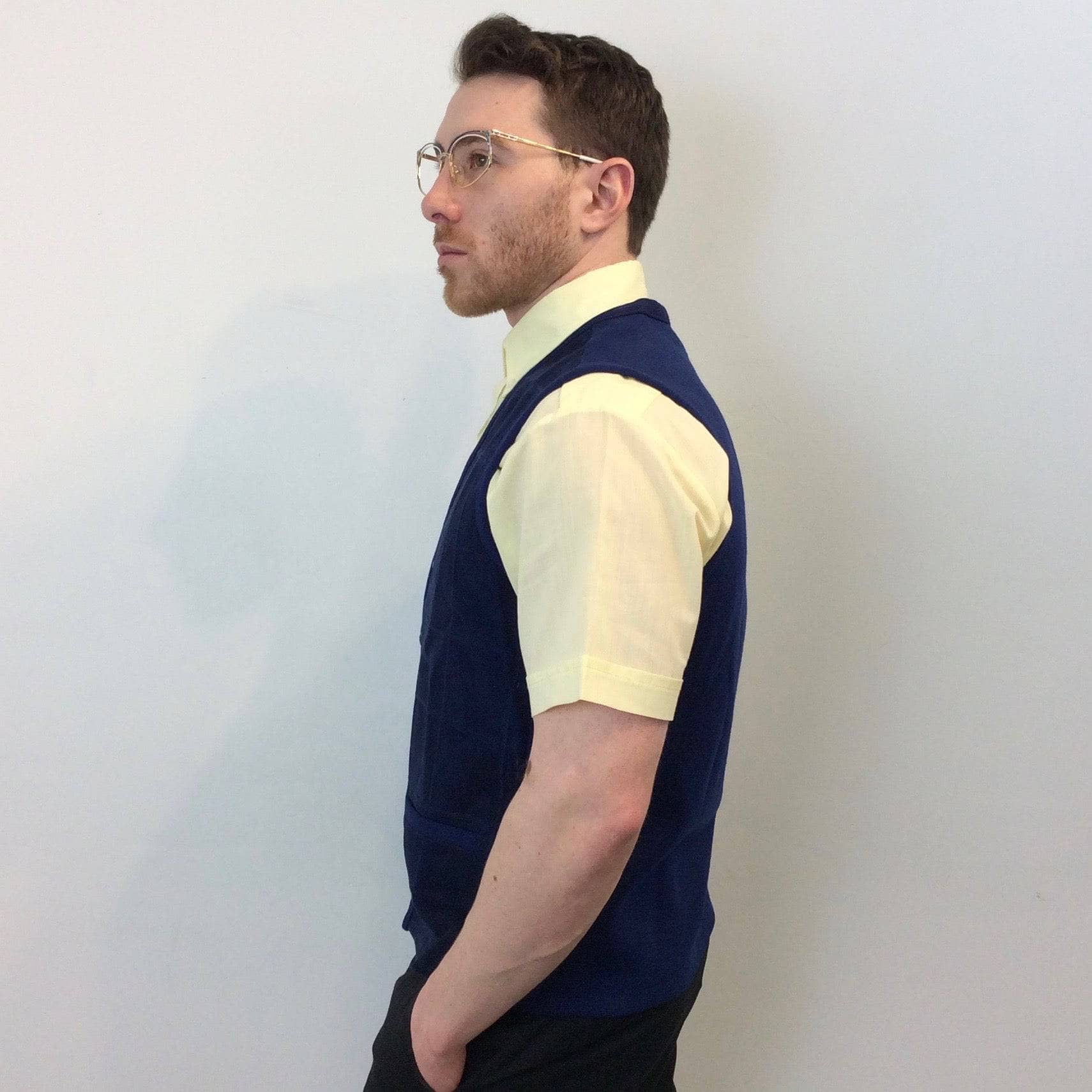 Side vew of 1970s "Tundra" Men's Suede and Wool Knit Vest Size Small, sold by bohemevintage.com Montréal