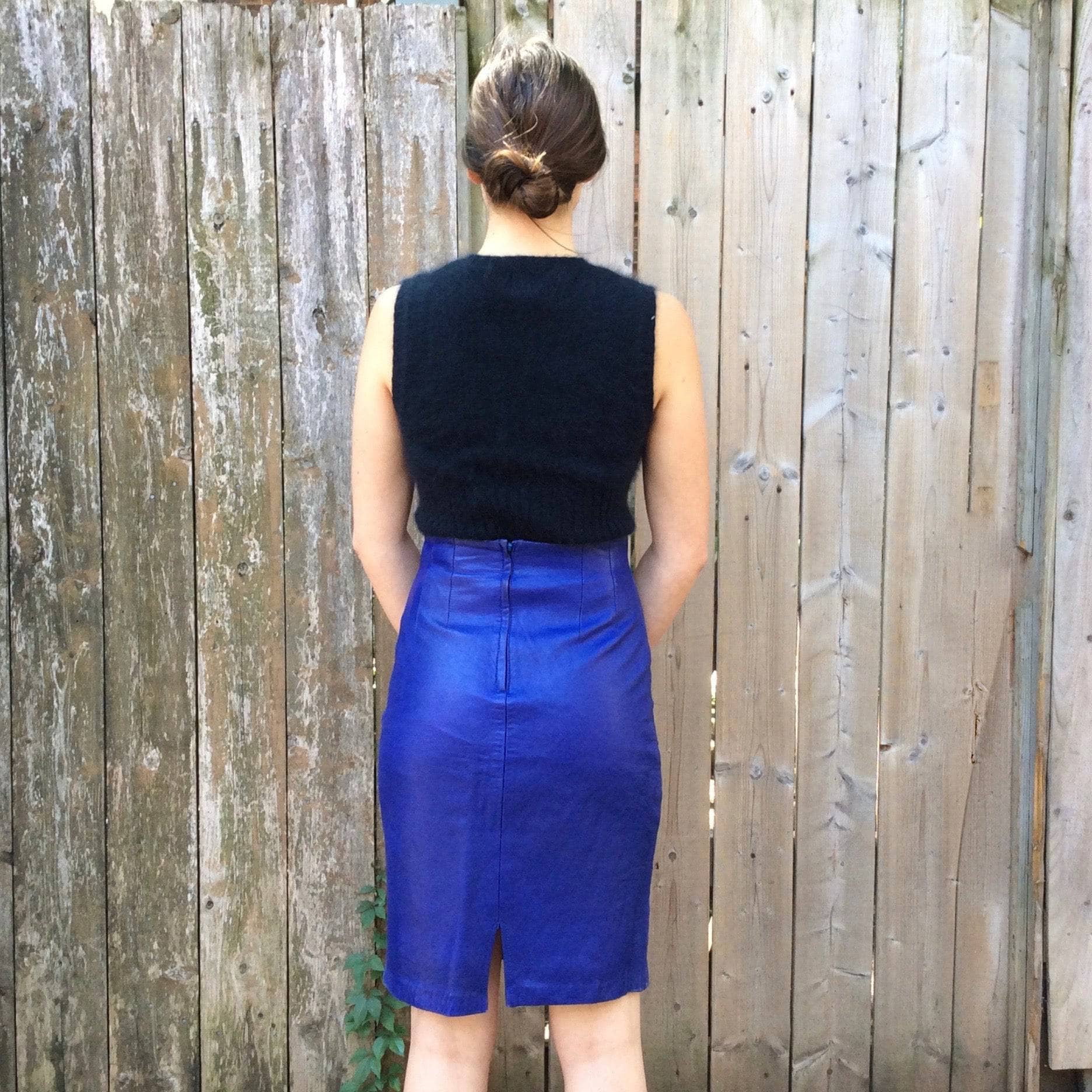 1980's | Purple Leather High-Waisted Knee length Fitted Skirt