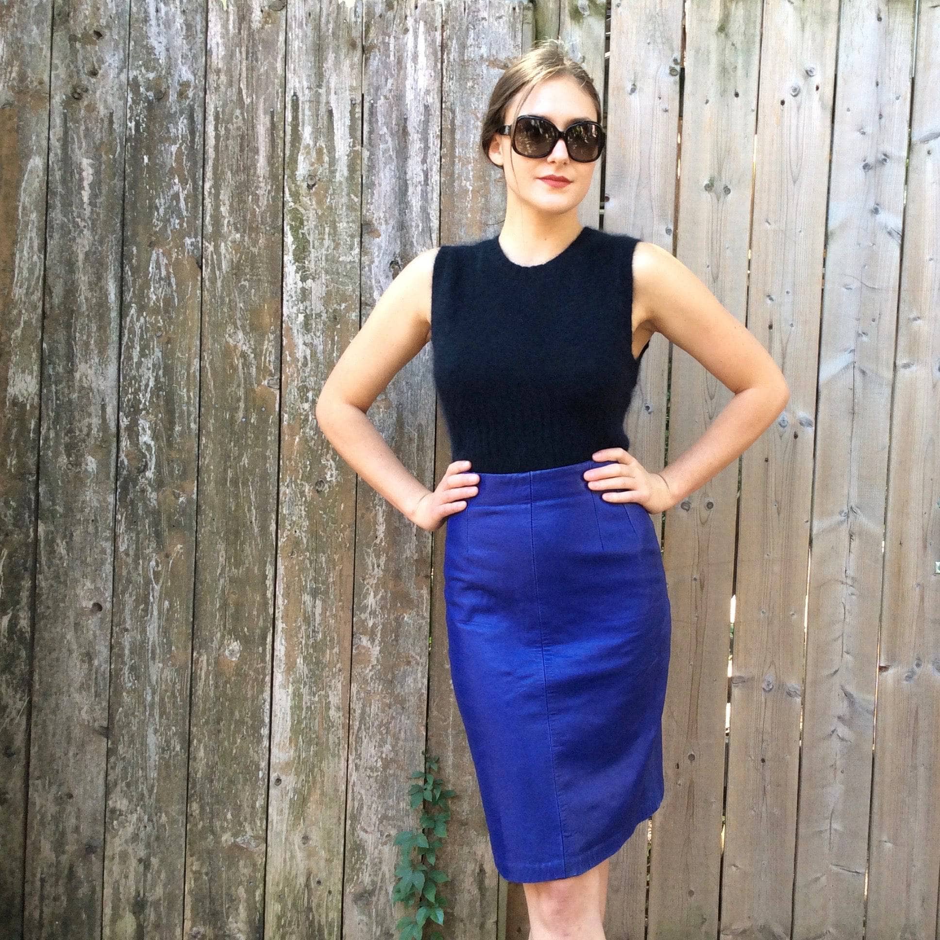 1980's | Purple Leather High-Waisted Knee length Fitted Skirt