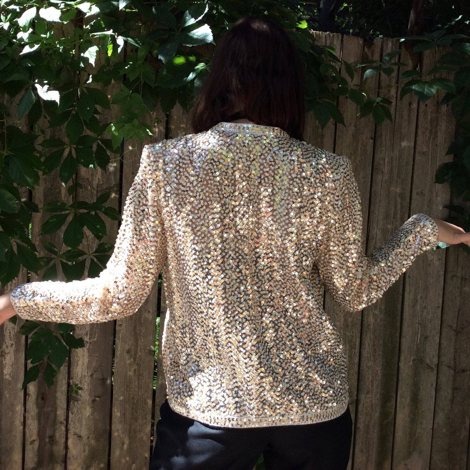 Back View of 1980s/1990s Silver and Gold Sequin Short Jacket Size Medium, sold by bohemevintage.com Montreal