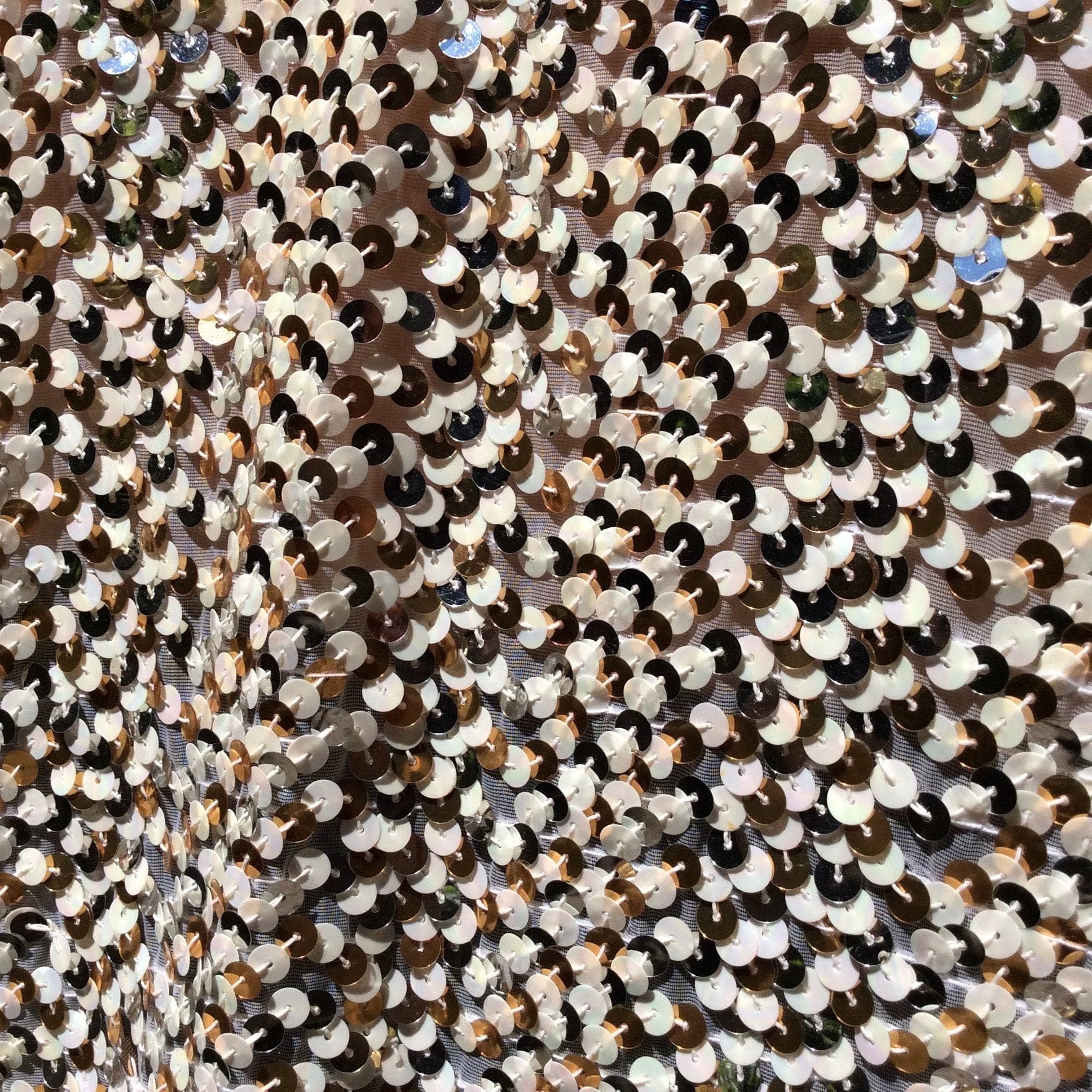 Close-Up  of Sequin of 1980s/1990s Silver and Gold Sequin Short Jacket Size Medium, sold by bohemevintage.com Montreal