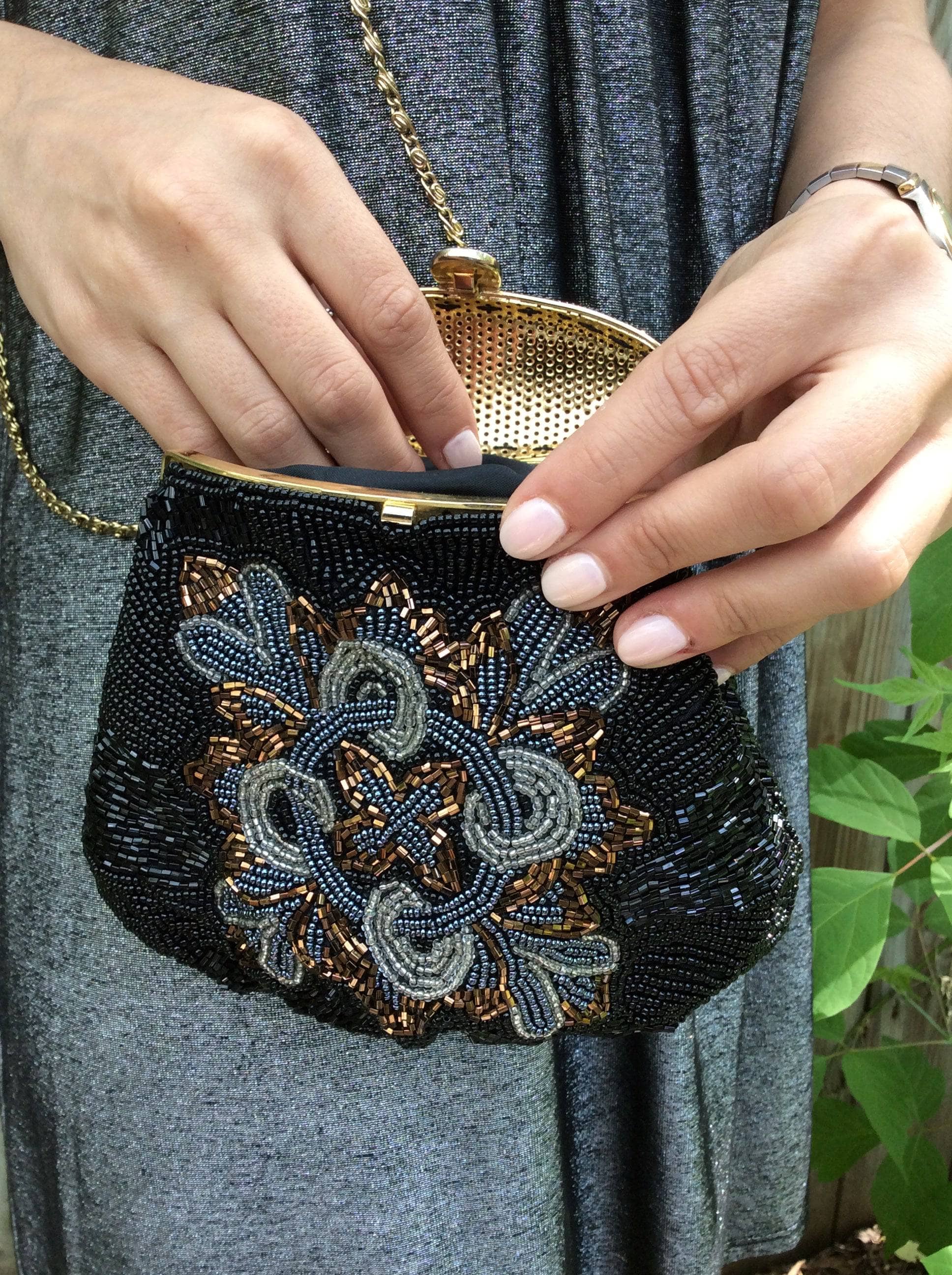 1980s Black Beaded Minaudiere Shoulder Evening Bag. Sold by bohemevintage.com