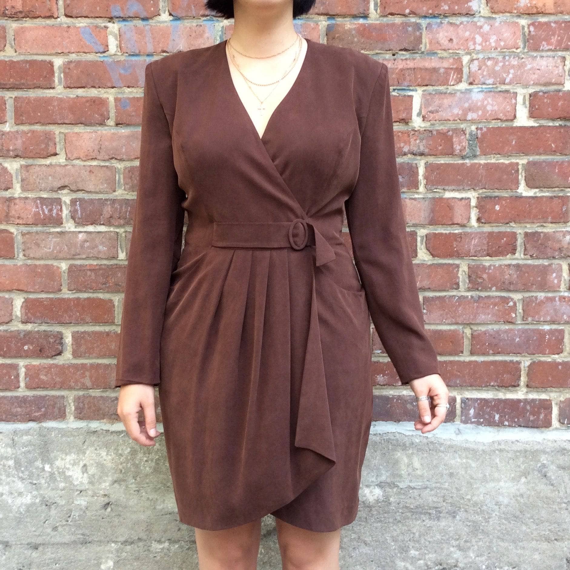 1980s Brown Long-Sleeve Wrap Silk Dress size Medium made in France by Mathilde J. Rondineau Paris size Medium sold by bohemevintage.com