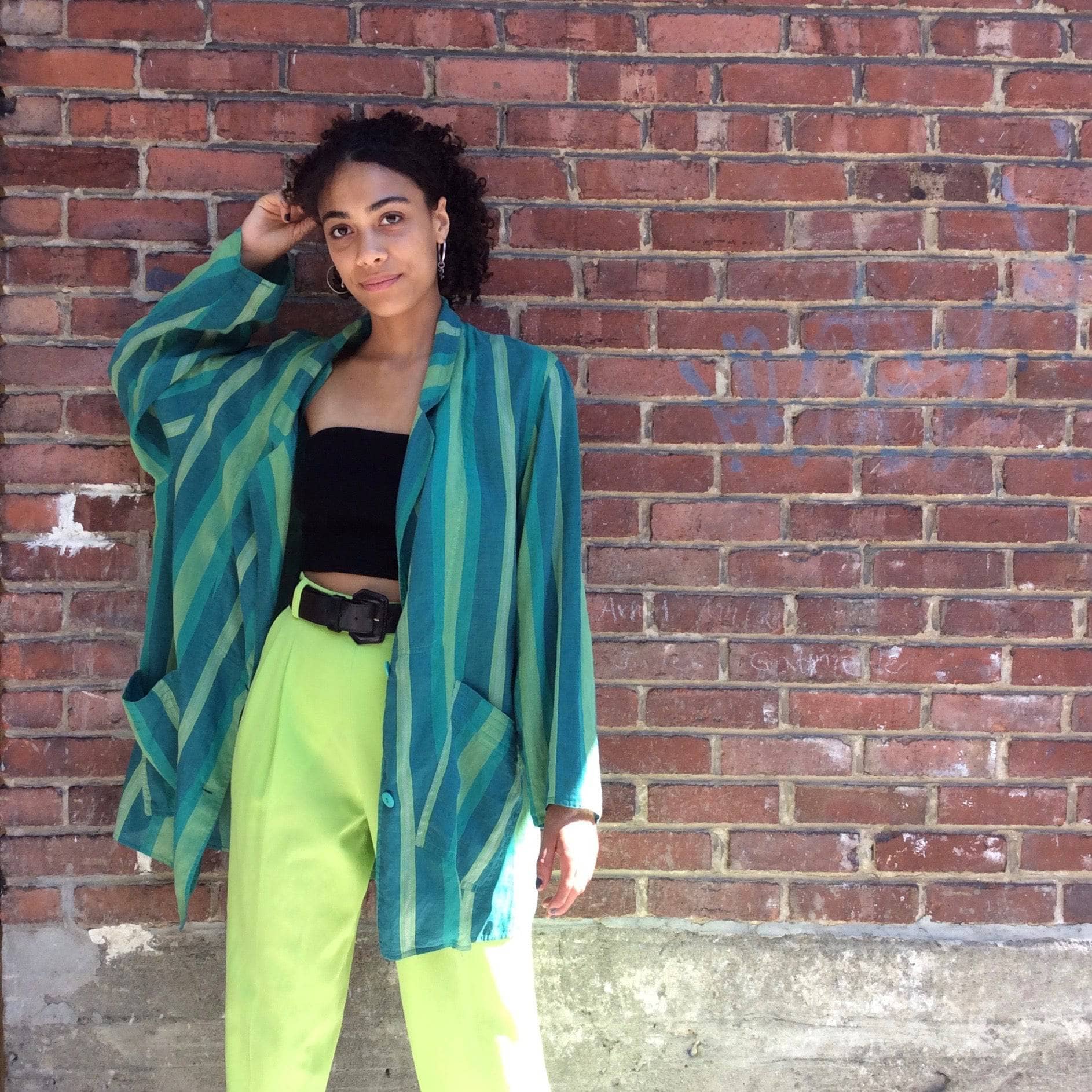 1980s "Giancarlo Ricci" Designer Unstructured Oversize Striped Green Blazer , sold by bohemevintage.com Montréal