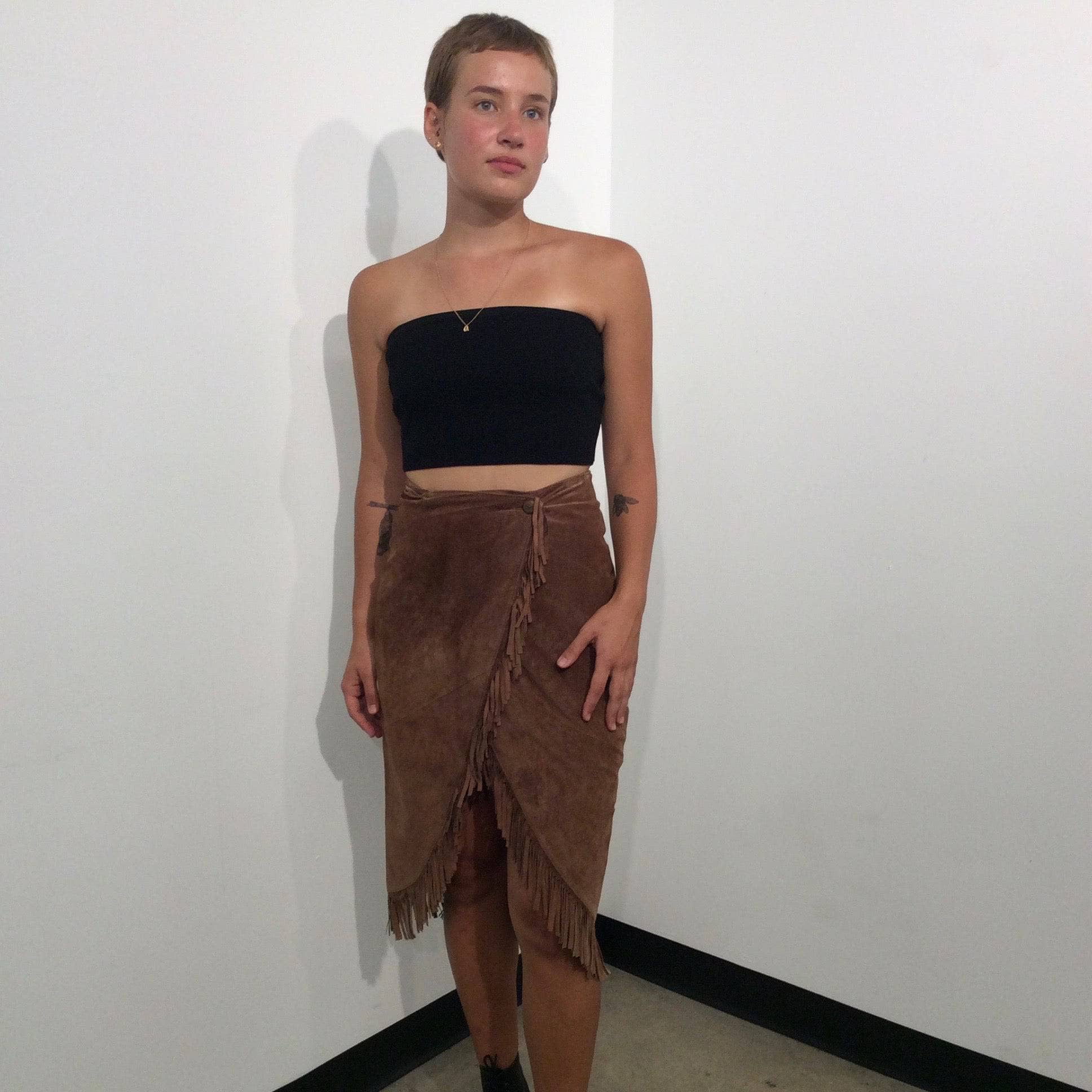 1980s High-Waist Fringed  Brown Suede Wrap Skirt  