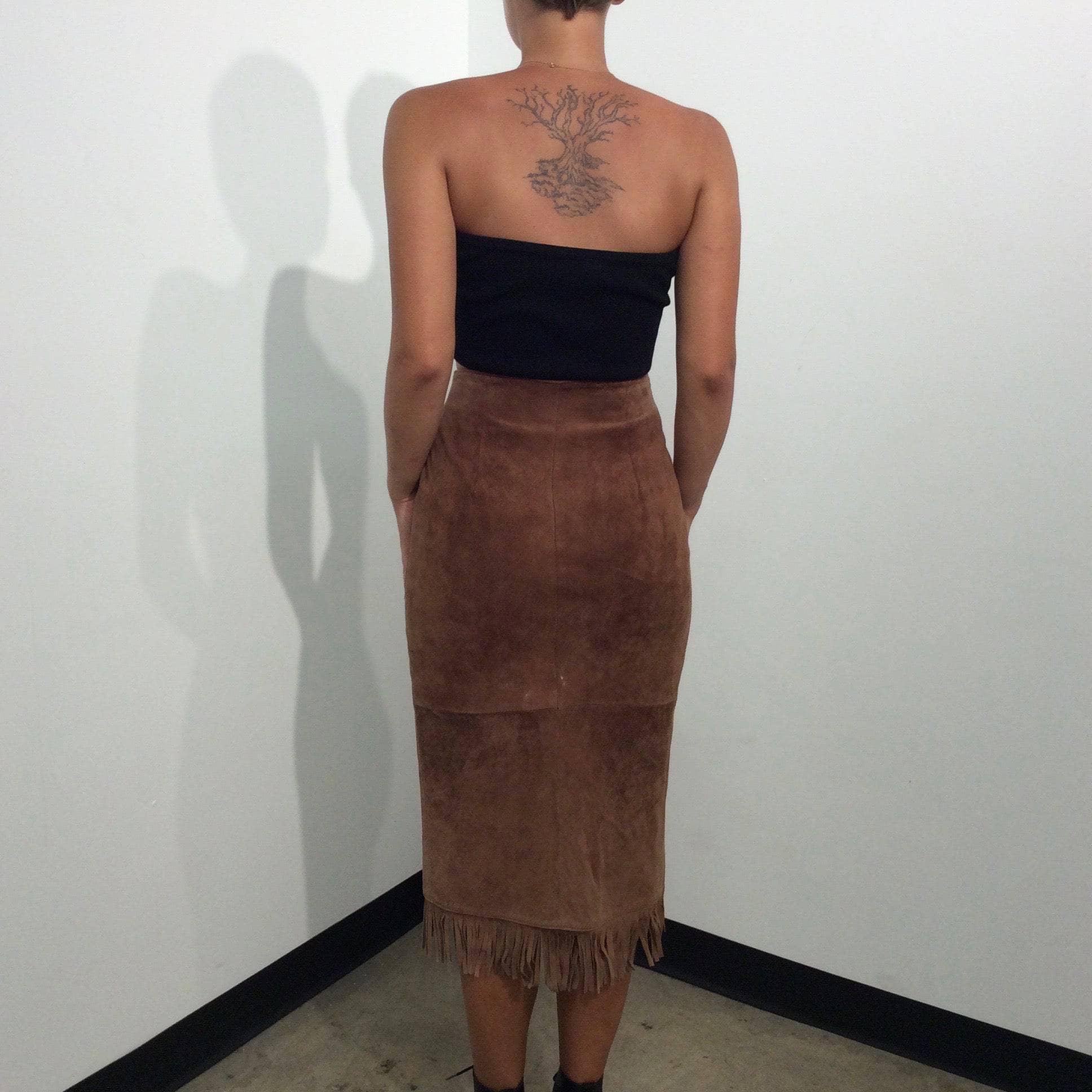 1980s High-Waist Fringed  Midi length Brown Suede Wrap Skirt  