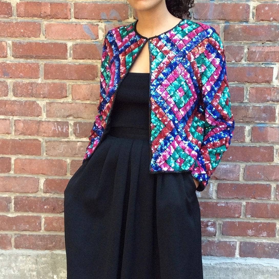 1980s Nipon Night Multi-Coloured Sequin and Bead Short Jacket, for sale at bohemevintage.com Montréal