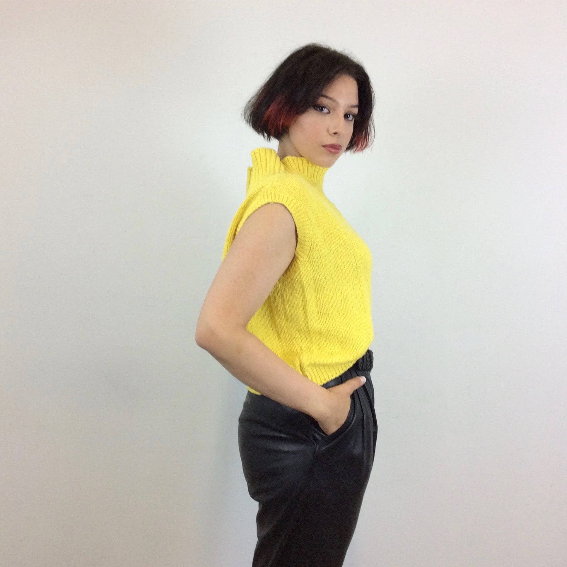  1980s Sleeveless Cropped Knitted Yellow Top with cut-out back , high collar, made in Italy, United Colors of Benetton