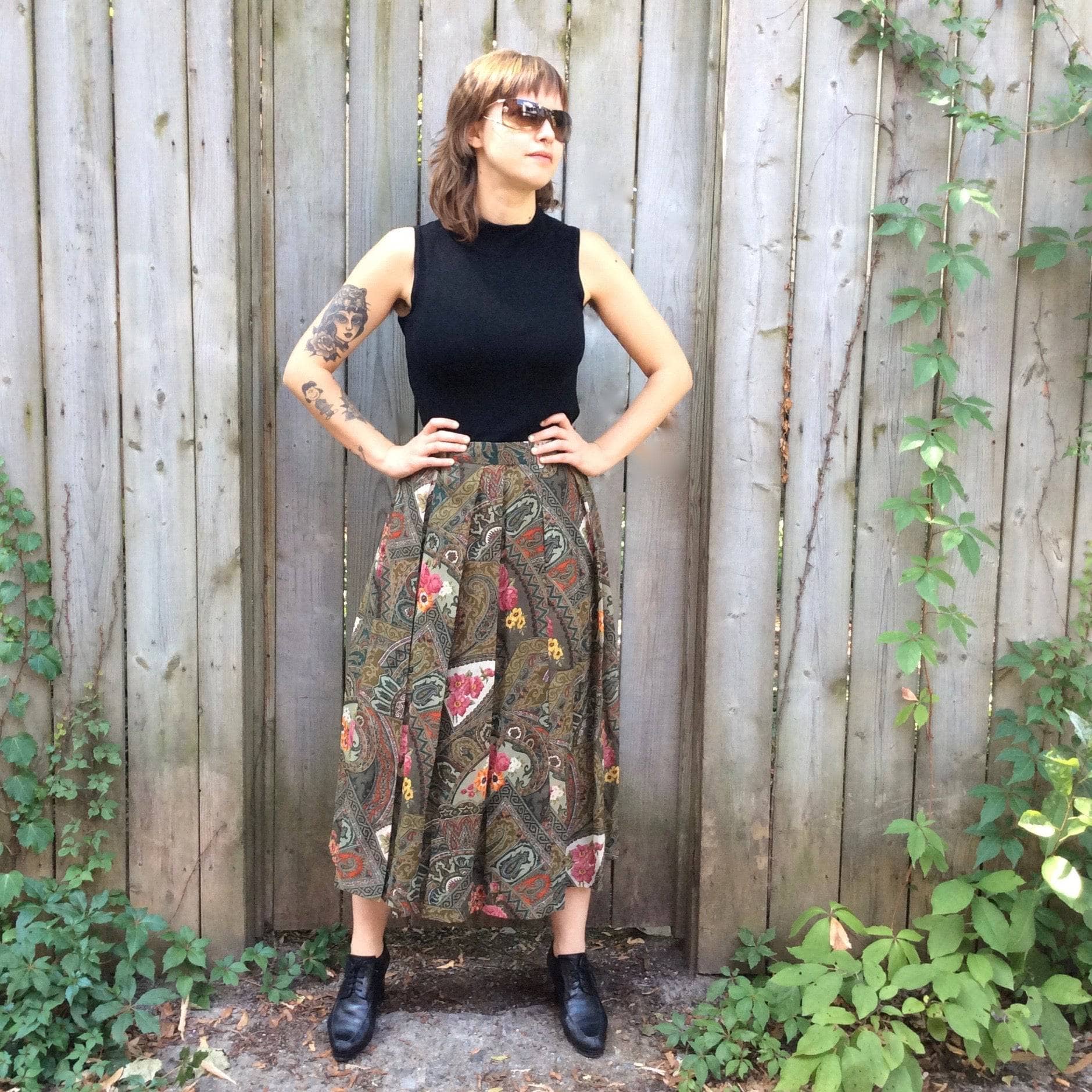 Light weight wool patchwork print pleated midi length skirt