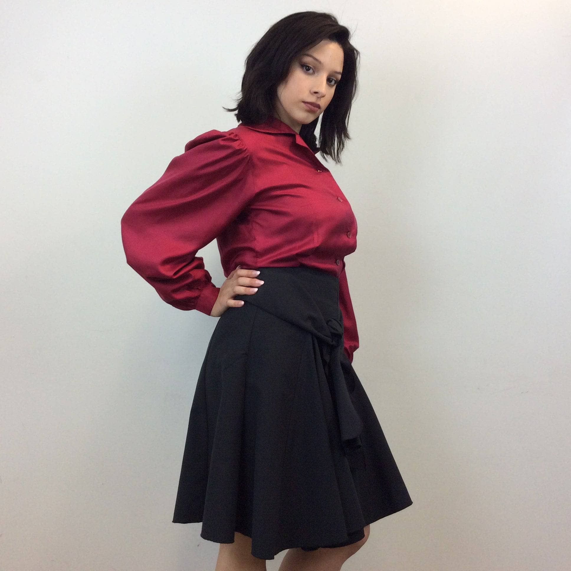 1990s George Lévesque Tiered Knee Length Black Skirt size Medium sold by bohemevintage.com