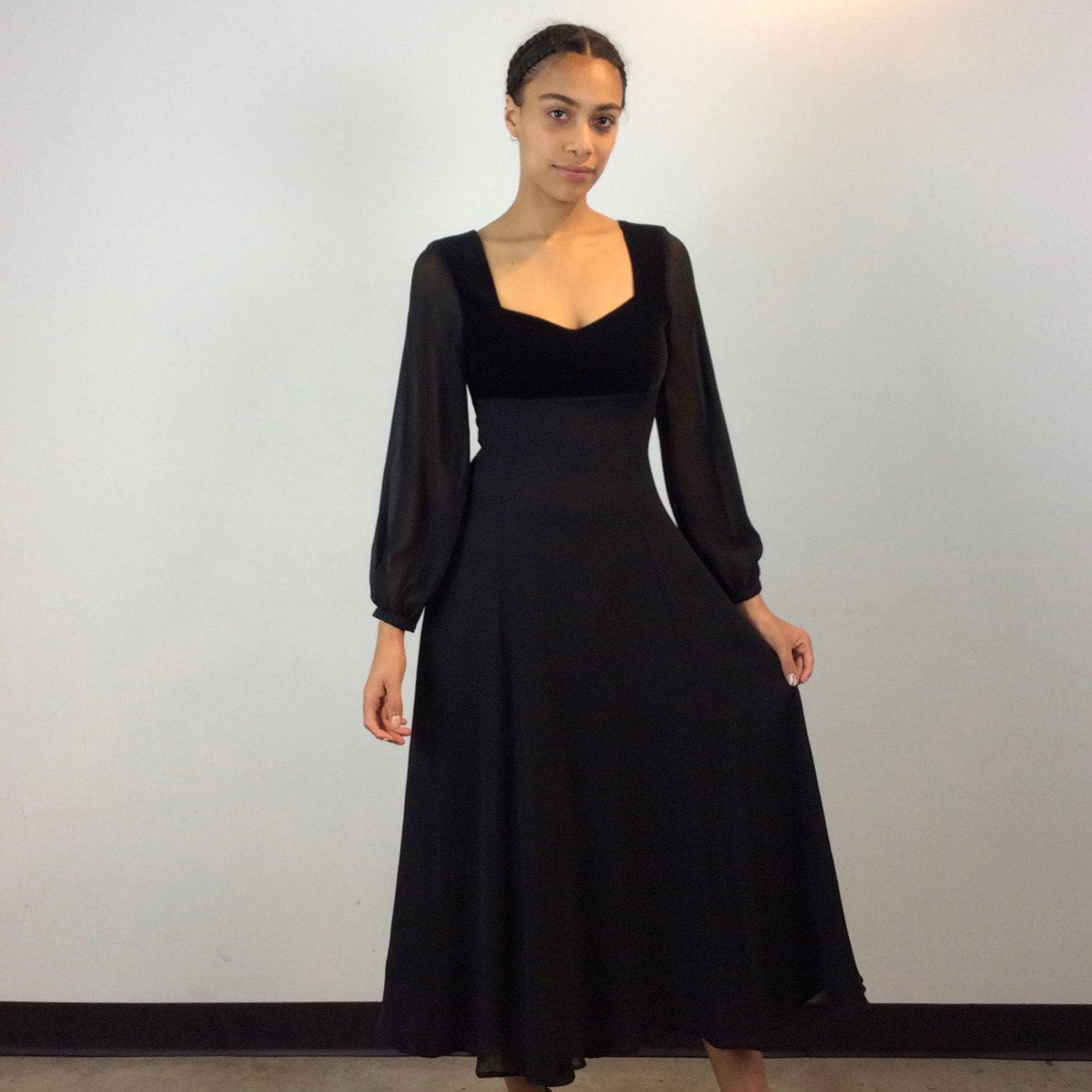 1990s Laura Ashley Long Sleeve Flowy Black silk and velvet Midi Dress size Small, made in the UK