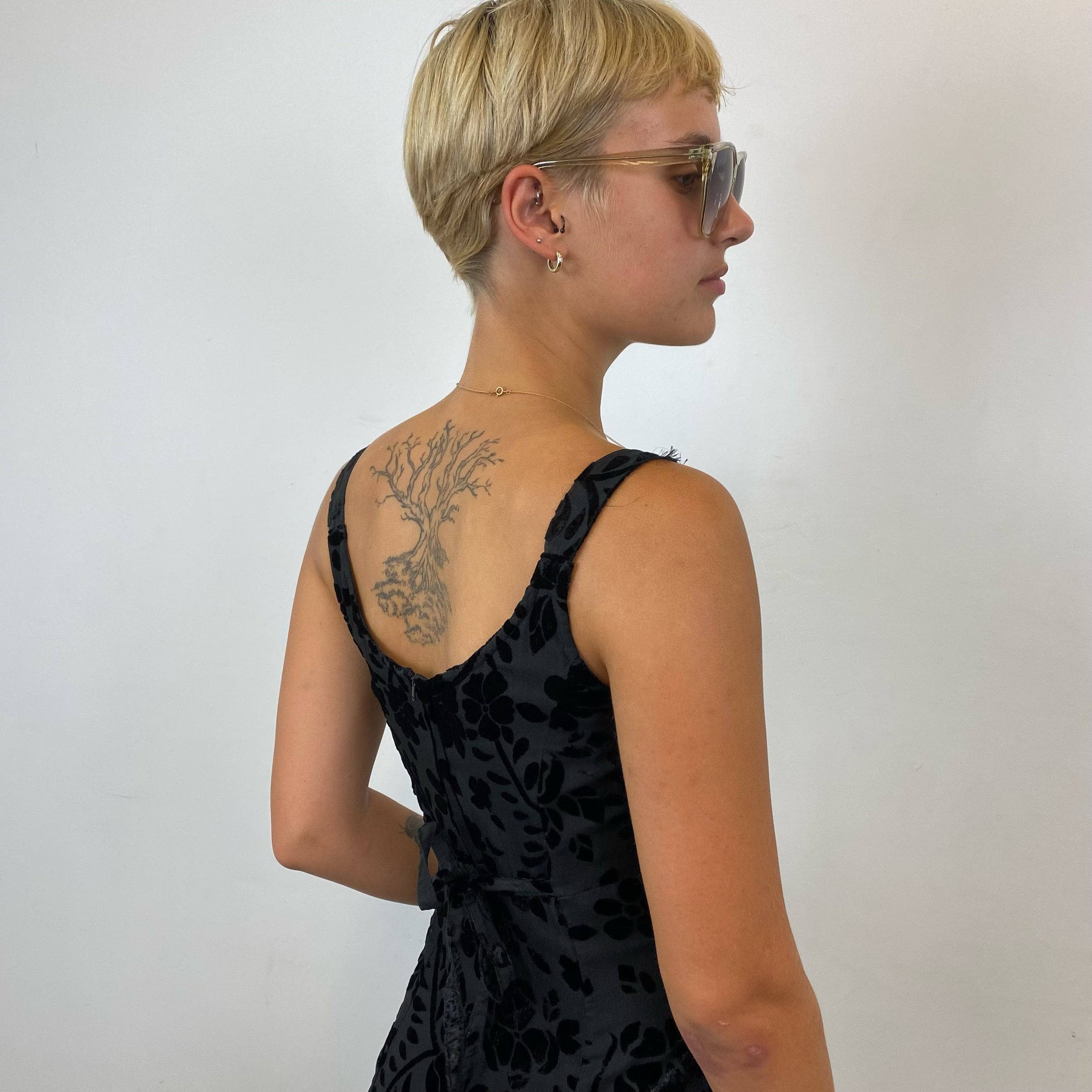 1990s Black Sleeveless Fit and Flare Maxi Dress, empire waist, velvet flockes sheer fabric, size small, Brand Le Chateau