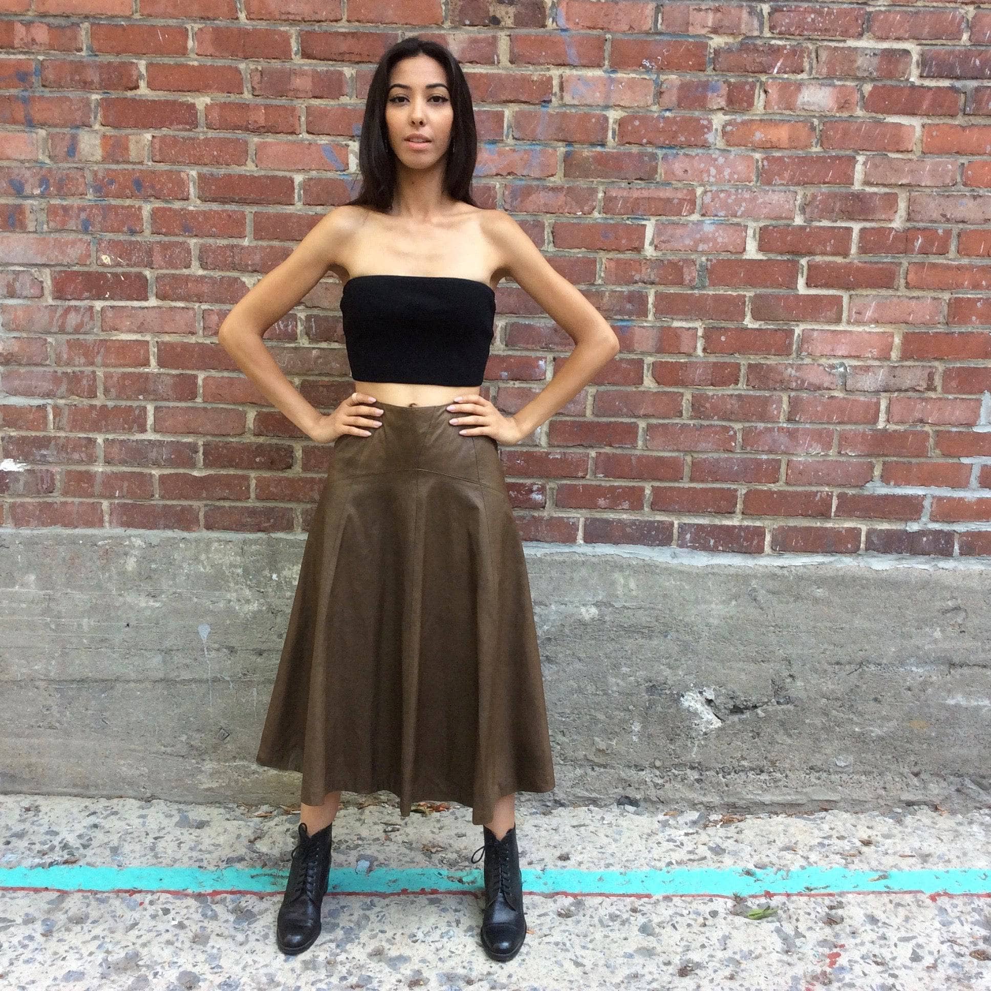 Lily Simon 1990s Midi Length Flared Leather Skirt size Small sold by bohemevintage.com