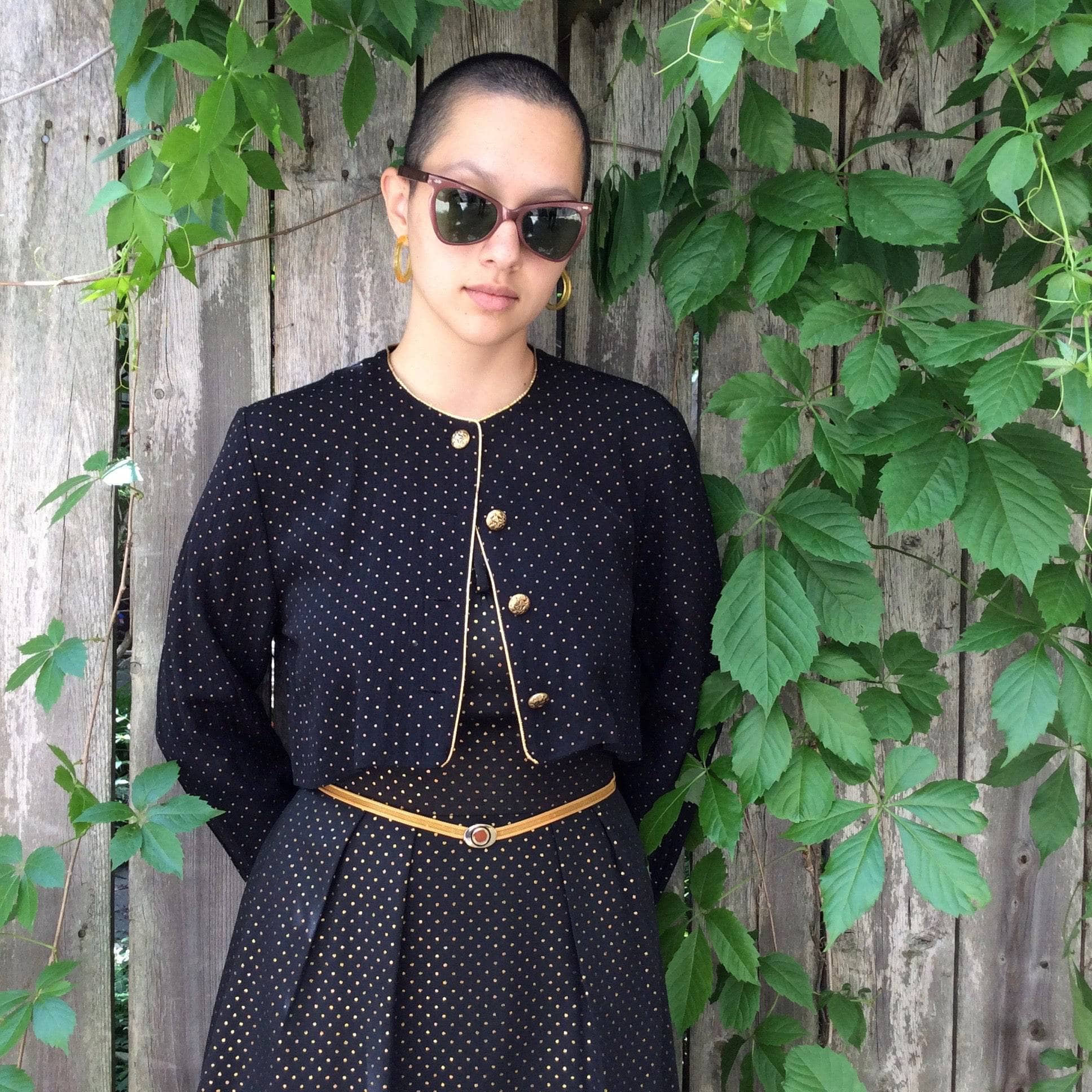 90s Metallic Gold-Dotted Midi Dress paired with matching cropped blazer sold by bohemevintage.com