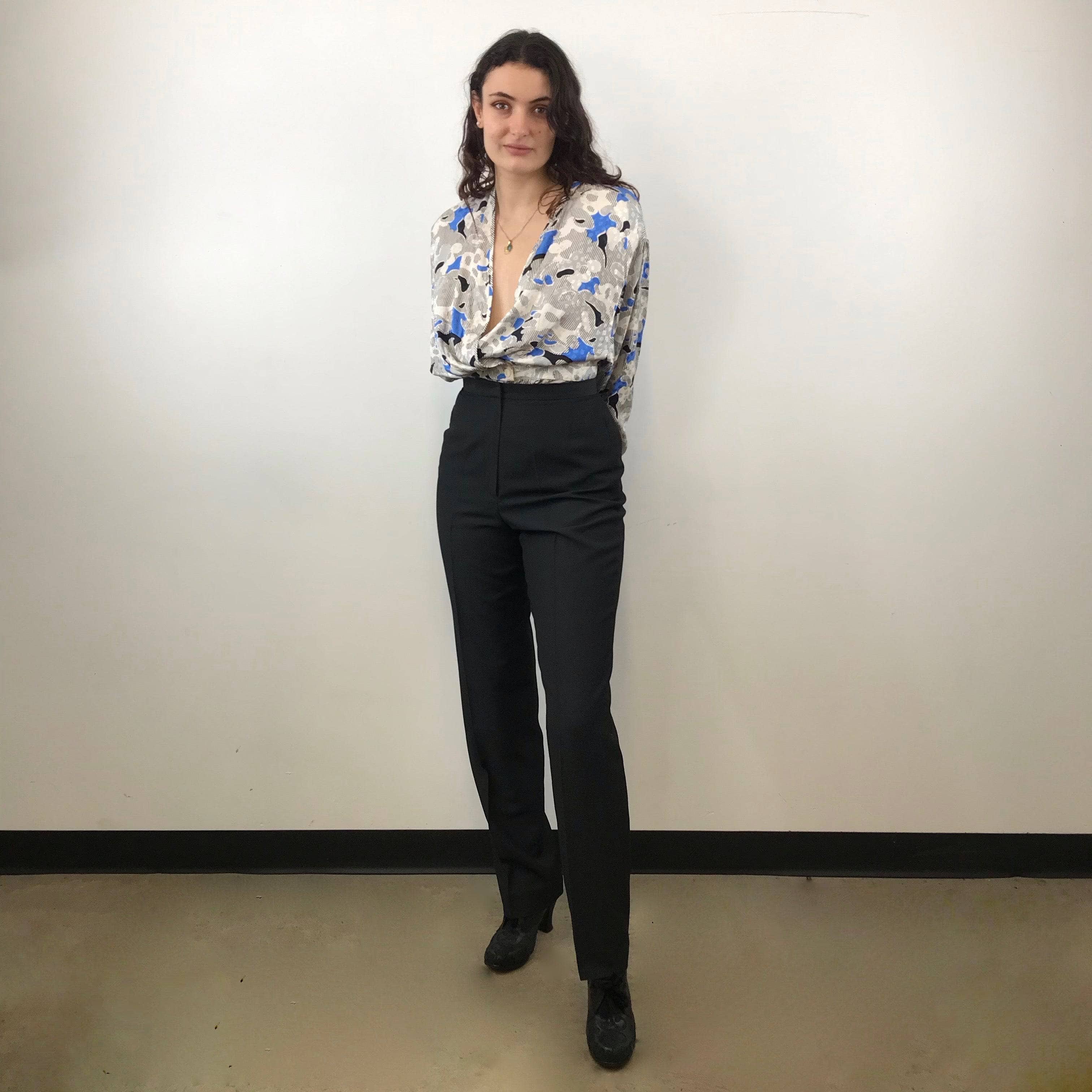  Emanuel Ungaro High-Waisted Tapered Leg Black Trousers size Medium paired with tucked in Guy Laroche french designer silk blouse sold by bohemevintage.com Montreal