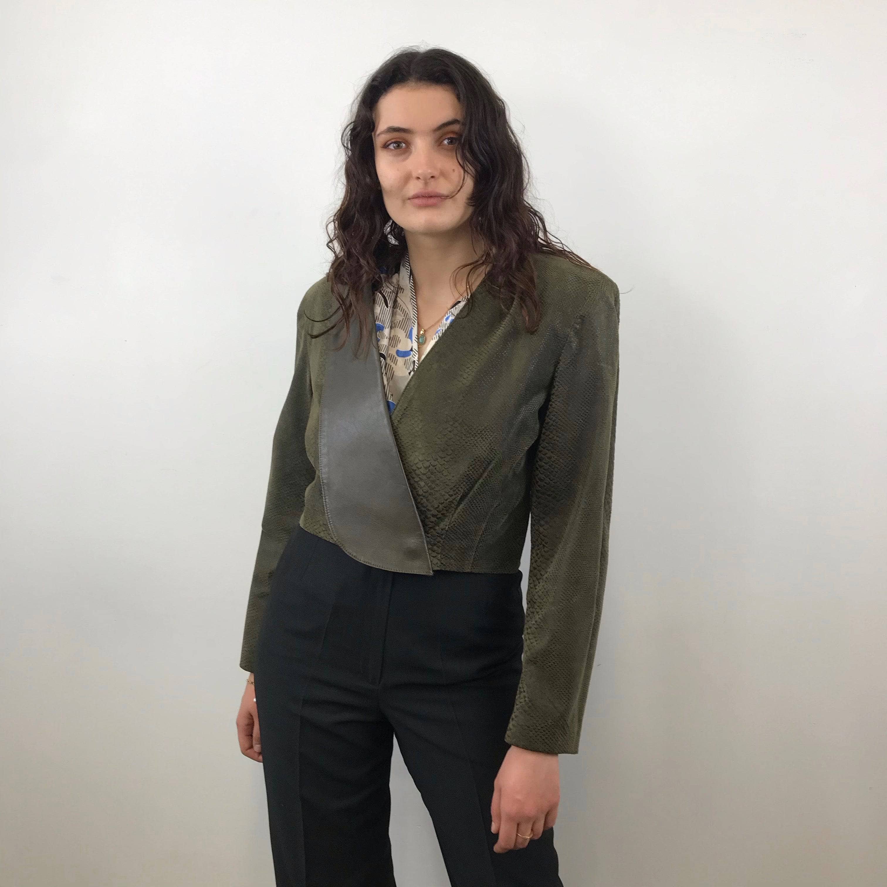 Emanuel Ungaro High-Waisted Tapered Leg Black Trousers size Medium paired with 1980s Danier olive colour leather cropped jacket sold by bohemevintage.com Montreal