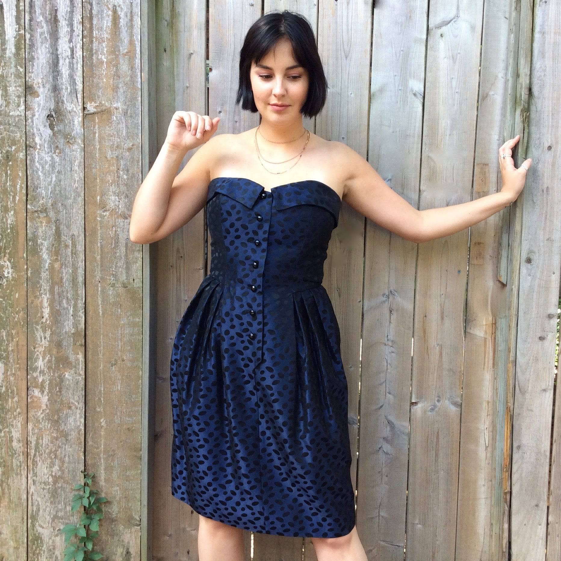 Guy Laroche Midnight Blue Designer Satin Brocade Bustier Dress size Medium, sold by bohemevintage.com Montréal