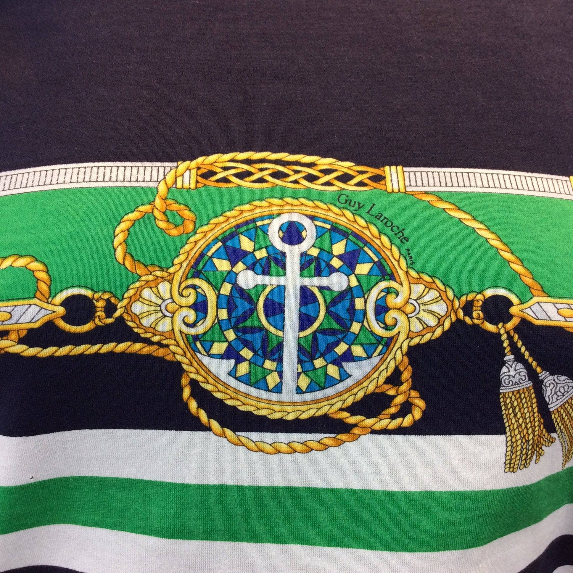 Close-Up  of Nautical Design of Guy Laroche Nautical Design Colour Block Striped T-shirt size Small/Medium, sold by bohemevintage.com Montréal