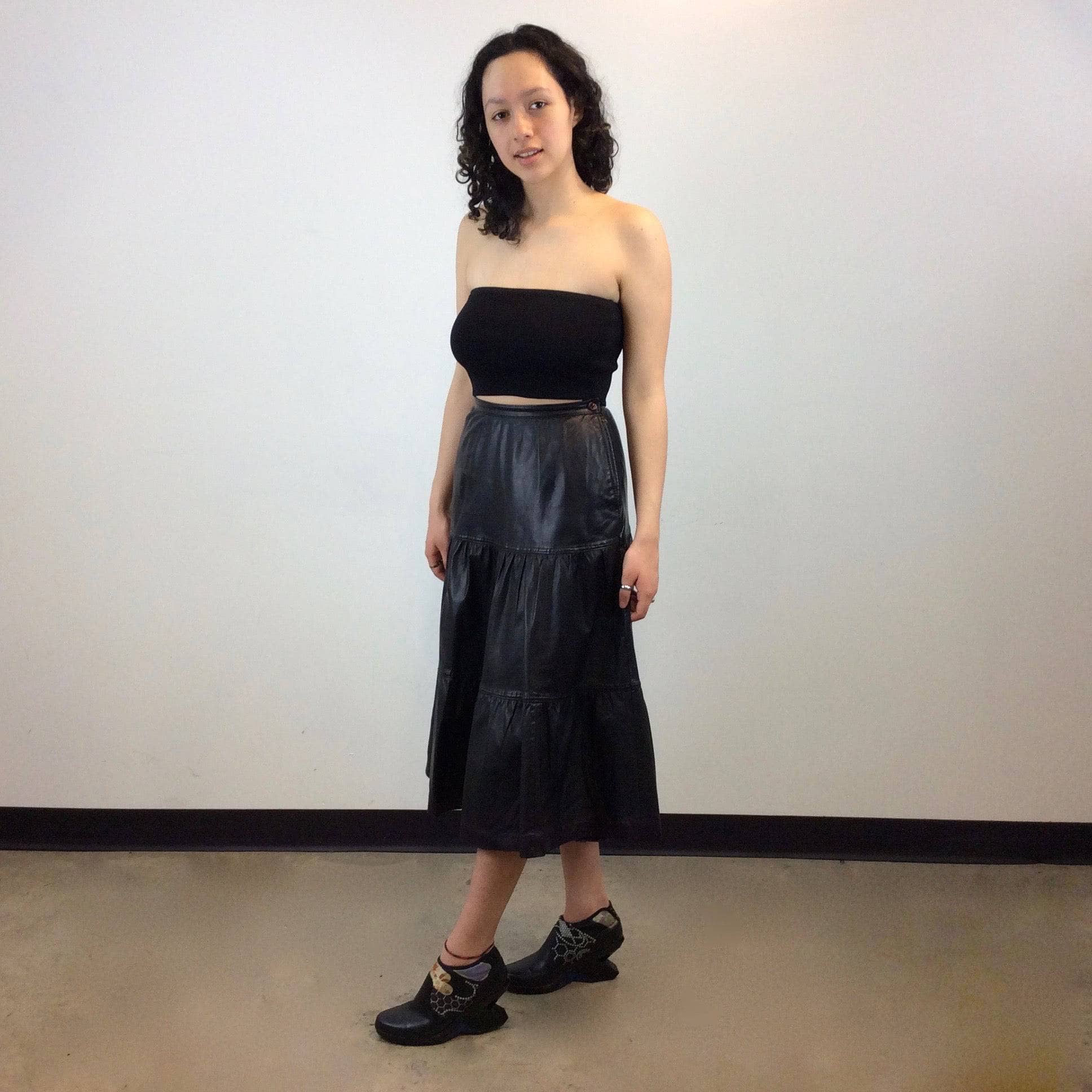 Leo Chevalier Tiered Black Leather Midi Skirt Size S/M sold by bohemevintage.com