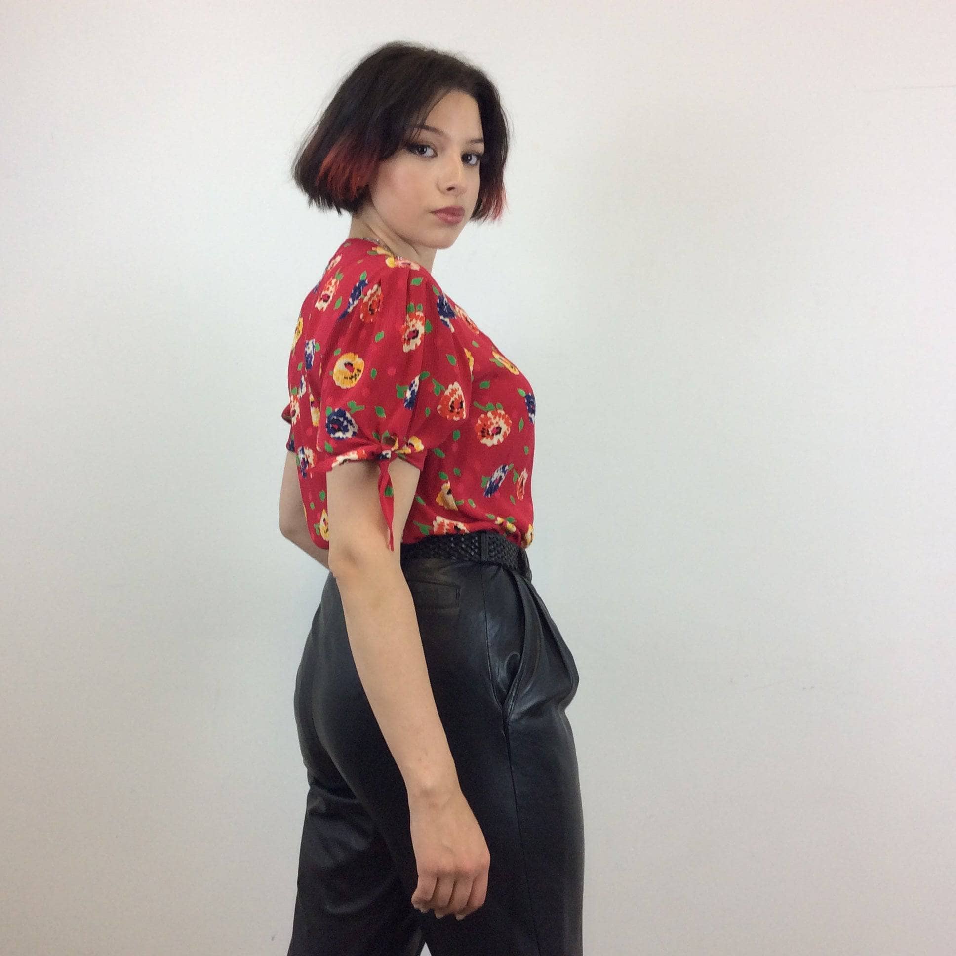 Ungaro 1980s Short Sleeve floral print Red Silk Blouse size Medium sold by bohemevntage.com