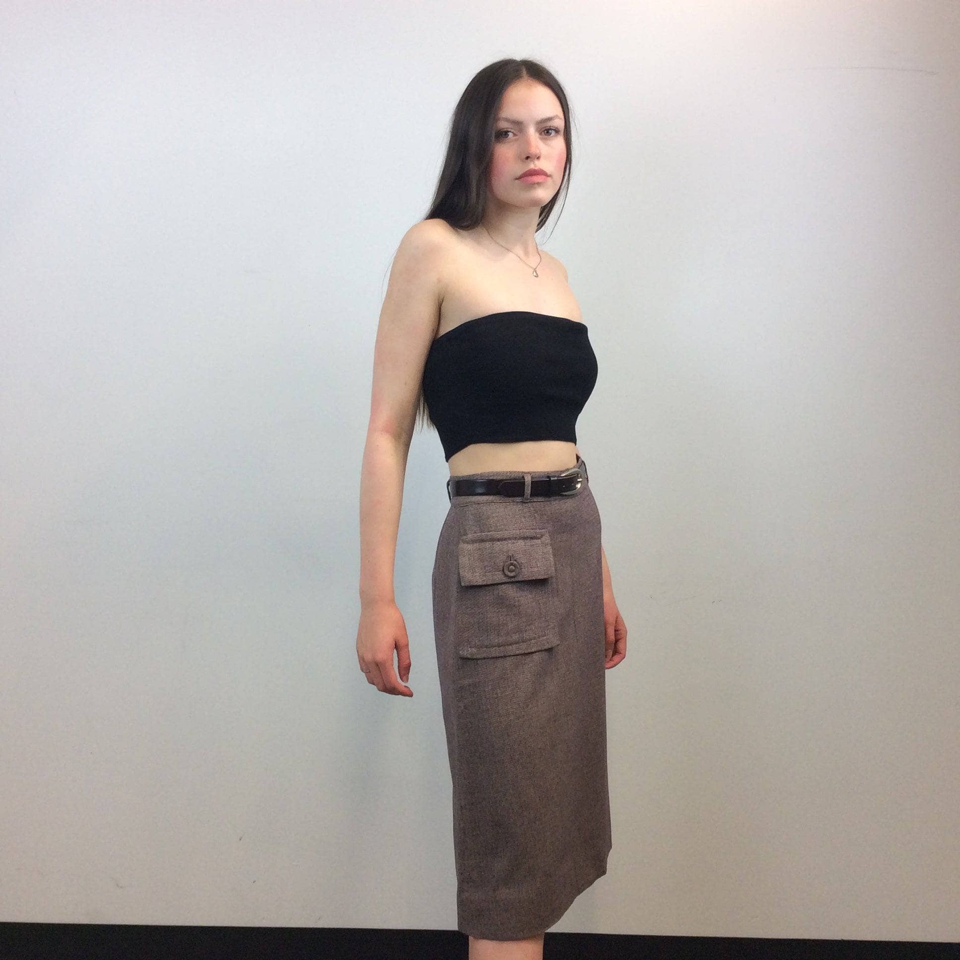 Side Front View of 1940s A-line Midi Wool Skirt Size Small sold by bohemevintage.com Montreal