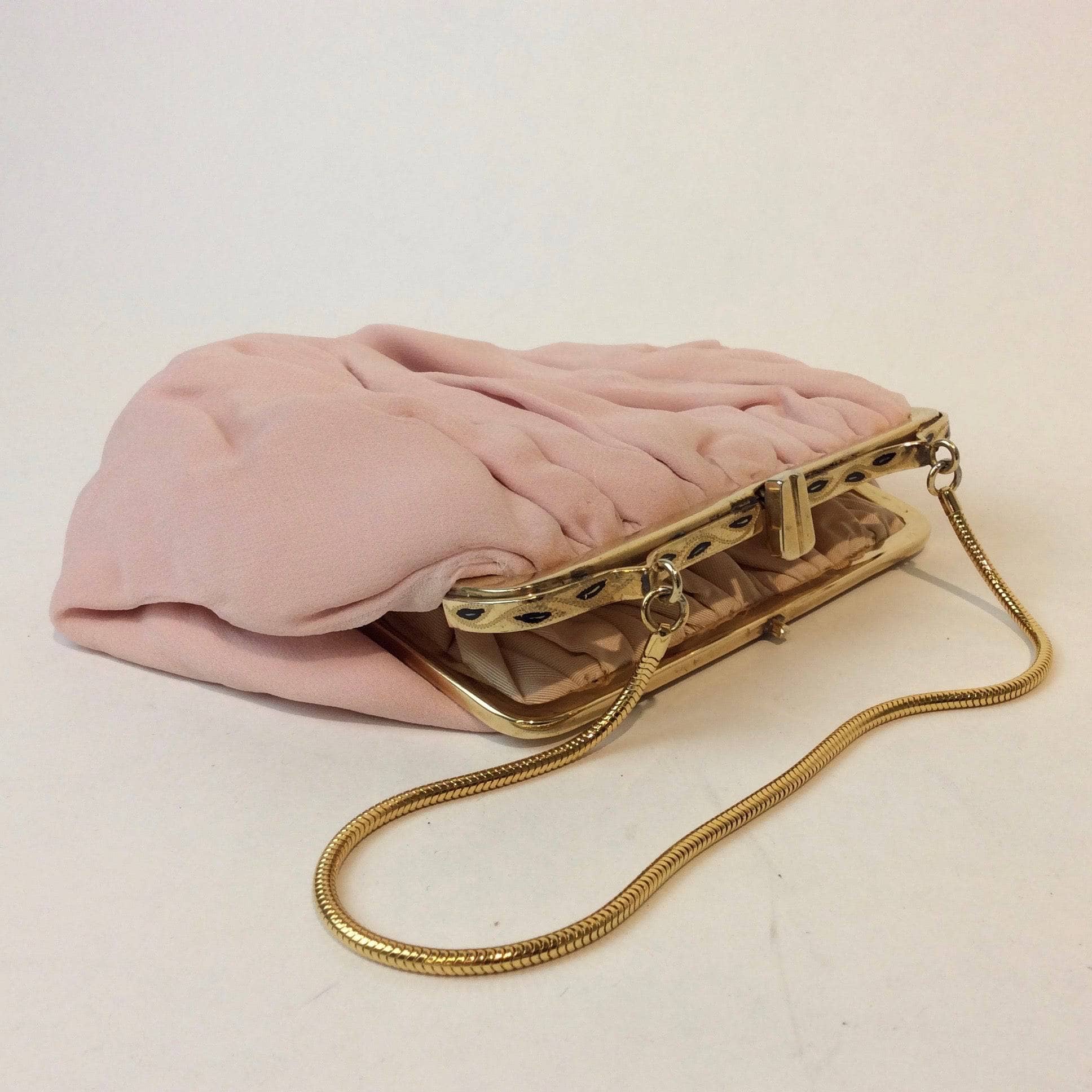 1950s Light Pink Silk Crepe Evening Bag. Sold at bohemevintage.com Montreal